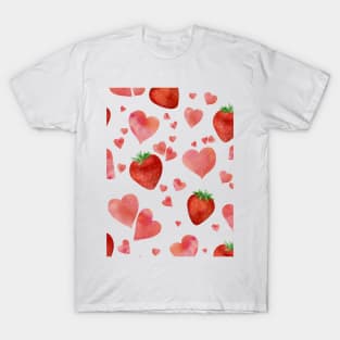 Hearts and strawberries watercolor romantic pattern. Sweet valentine print. T-Shirt